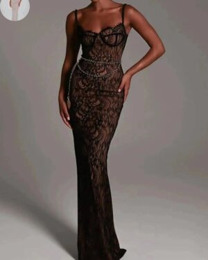 Women's black lace corset bodycon maxi dress with spaghetti straps, sheer floral lace and a fitted floor-length silhouette.