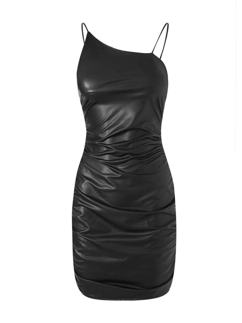 Front product view of black wet-look faux leather mini dress with thin spaghetti straps, asymmetric neckline and ruched detailing.