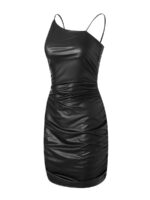 Wet-Look Faux Leather Mini Dress (6) Angled product view of black wet-look faux leather mini dress featuring spaghetti straps, asymmetric neckline and side ruching.