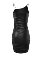 Wet-Look Faux Leather Mini Dress (7) Back product view of black wet-look faux leather mini dress with thin straps, fitted silhouette and ruched side detailing.
