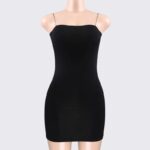 black Essential Square Neck Mini Dress (5) Front view of women's black square neck mini dress on a mannequin with spaghetti straps and bodycon fit.