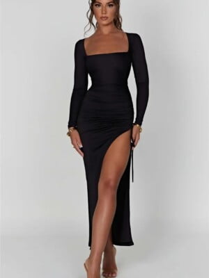 black long sleeve bodycon dress with side slit (1)