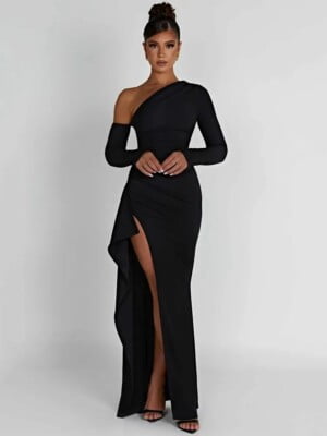 black one shoulder long sleeve maxi dress with thigh split (3)