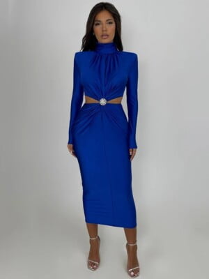 blue Cutout waist long sleeve midi dress (5)