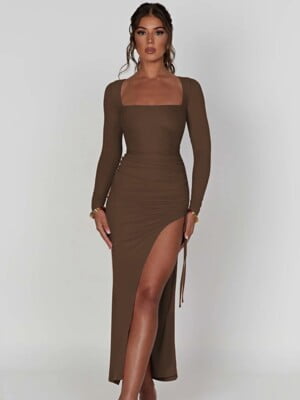 brown long sleeve bodycon dress with side slit