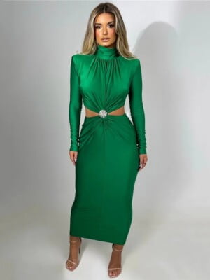 green Cutout waist long sleeve midi dress (5)