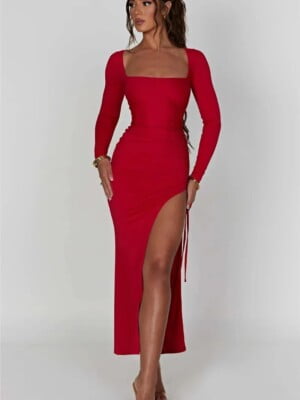 red long sleeve bodycon dress with side slit (3)