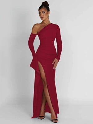 red one shoulder long sleeve maxi dress with thigh split (3)