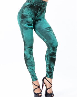 High waisted denim look leggings-green (1)