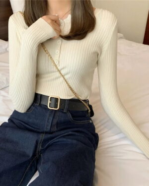 Beige front button knit sweater (1)