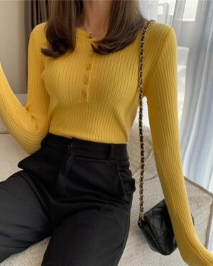 yellow front button knit sweater (2)