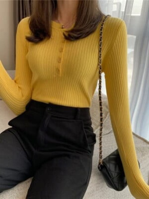 yellow front button knit sweater (2)