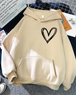 Heart Print Oversized Fleece Hoodie - beige