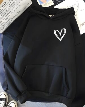 Heart Print Oversized Fleece Hoodie - black