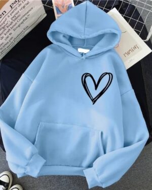 Heart Print Oversized Fleece Hoodie - blue