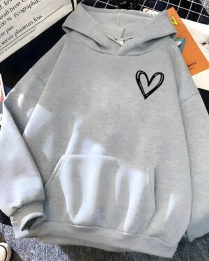 Heart Print Oversized Fleece Hoodie - gray