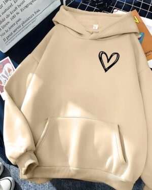 Heart Print Oversized Fleece Hoodie - khaki