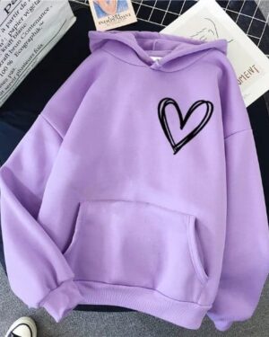 Heart Print Oversized Fleece Hoodie - lavender