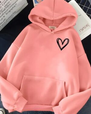 Heart Print Oversized Fleece Hoodie - pink