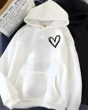 Heart Print Oversized Fleece Hoodie - white