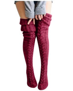Thick-cable-knit-thigh-high-socks-dark-red-1