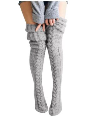 Thick cable knit-thigh high socks-light-grey-1