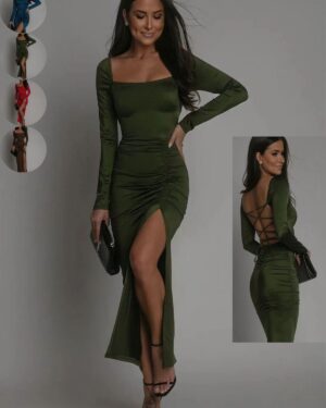 Women's laced-back ruched maxi dress with long sleeves, square neckline, thigh-high slit and open lace-up back, shown in multiple colors.