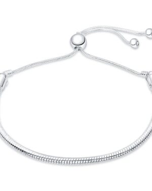 Silver adjustable snake chain bracelet with a polished slider clasp and two dangling chain ends finished with sparkling stone details.