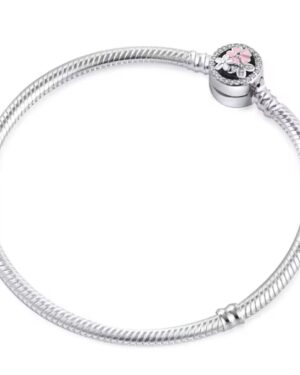 925 sterling silver snake chain charm bracelet with a decorative round clasp featuring pink and white cherry blossom flowers and sparkling cubic zirconia details.