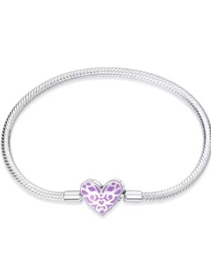 Silver glow heart charm bracelet with purple butterfly and floral details, heart-shaped centerpiece, and polished snake chain design.