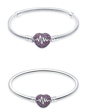 Silver heartbeat bracelet and bangle featuring a purple pavé heart clasp with a contrasting heartbeat line design.