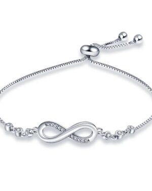 Silver adjustable slider bracelet featuring a sparkling cubic zirconia infinity centerpiece, delicate chain and polished ball ends.