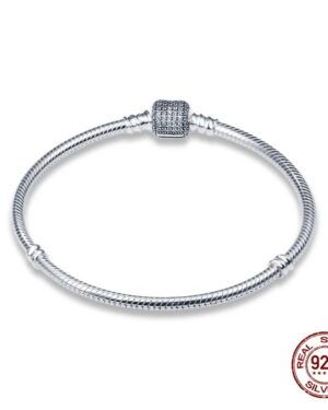 925 sterling silver snake chain charm bracelet featuring a square pavé clasp set with sparkling cubic zirconia stones.