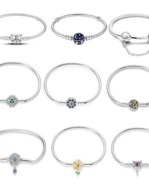 Collection of silver snake chain charm bracelets featuring heart, flower, butterfly, moon, star and colourful decorative clasp designs.