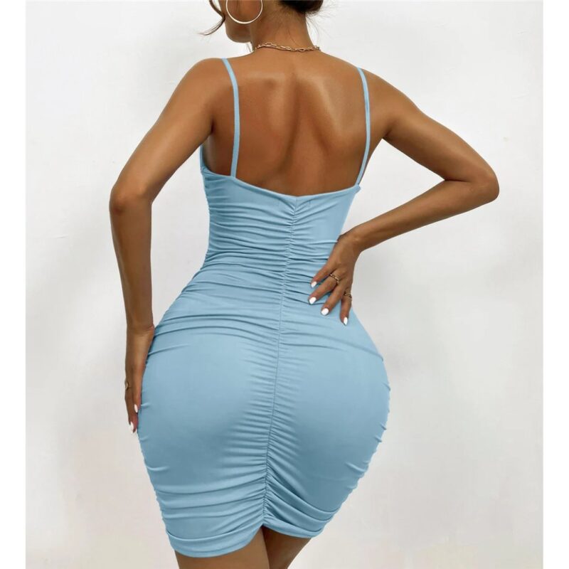Back view of a light blue bodycon mini dress with thin straps, low-cut back, and center-back ruching from the waist to the hem.