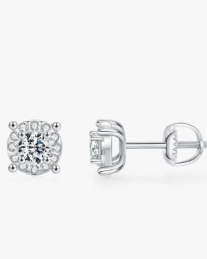 Aurelie moissanite halo stud earrings in 925 sterling silver, shown from the front and side with secure screw-back fastening.