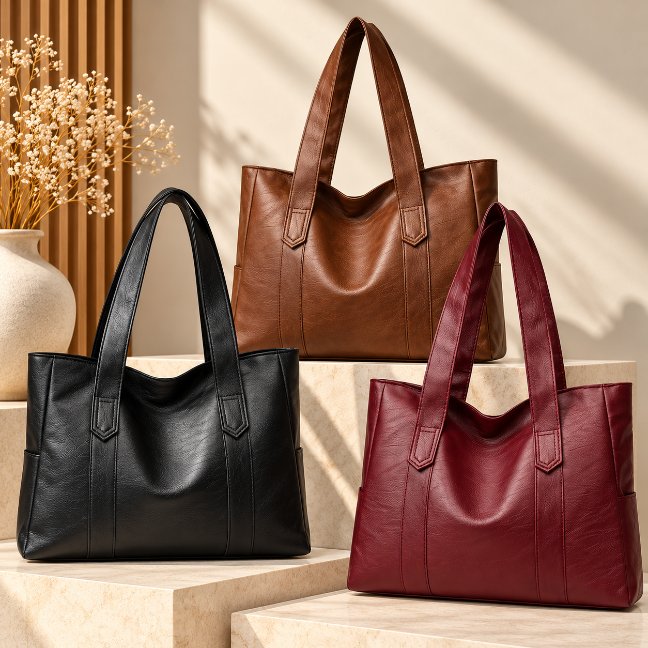 Avery Large Tote Bag (1) Avery Large Tote Bag collection in black, brown and burgundy with wide shoulder straps and spacious structured design