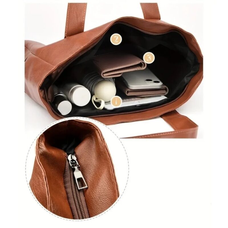 Brown Avery Large Tote Bag showing roomy interior with zip closure and space for phone, wallet and everyday essentials