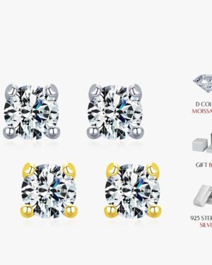 Beatrix 3mm moissanite stud earrings in silver and gold finishes, featuring brilliant-cut D colour moissanite stones in four-prong settings.