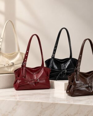Bexley Belted Shoulder Bag collection in cream, burgundy, black and coffee brown with adjustable shoulder straps and buckle belt details