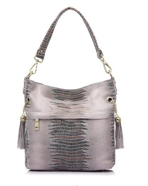 Beige alligator embossed bucket bag for women with shoulder handle, front zipper pocket, tassel accents, and gold tone hardware