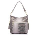 Caiman Alligator Embossed Bucket Bag-beige (10) Beige alligator embossed women’s bucket bag shown from the back with exterior zipper pocket, shoulder handle, and tassel details