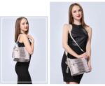 Caiman Alligator Embossed Bucket Bag-beige (3) Beige alligator embossed bucket bag for women modeled as a shoulder bag and crossbody bag with adjustable long strap