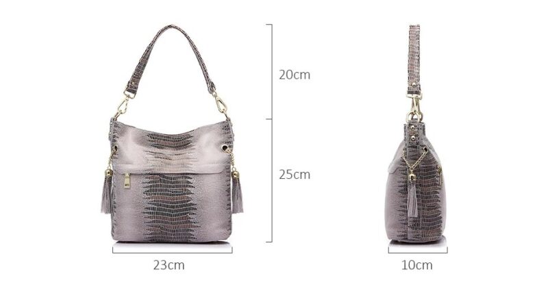 Beige alligator embossed bucket shoulder bag size guide showing 25 cm bag height, 23 cm width, 10 cm depth, and 20 cm handle drop