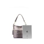 Caiman Alligator Embossed Bucket Bag-beige (5) Beige alligator embossed women’s bucket bag shown beside a tablet to demonstrate the handbag’s everyday carrying size
