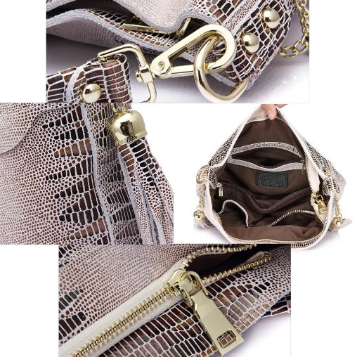 Close-up details of beige alligator embossed bucket bag showing gold tone hardware, zipper closure, lining, and interior compartments