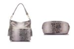 Caiman Alligator Embossed Bucket Bag-beige (8) Beige alligator embossed women’s bucket bag shown from the back and bottom with exterior zipper pocket and protective metal feet