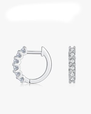 Clara moissanite huggie hoop earrings in 925 sterling silver with brilliant cut round stones, shown from side and front views.