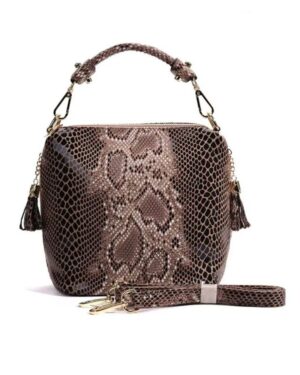 Brown Cobra Snake Print bucket bag with glossy snakeskin pattern, top handle, detachable shoulder strap, tassel details and gold tone hardware