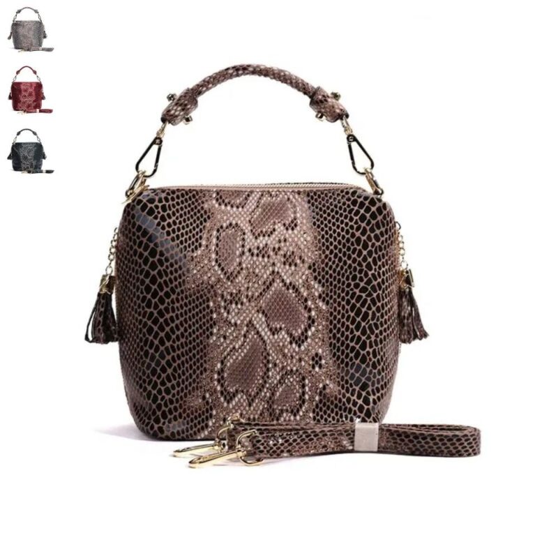 Cobra Snake Print Bucket Bag Brown Cobra Snake Print bucket bag with glossy snakeskin pattern, top handle, detachable shoulder strap, tassel details and gold tone hardware